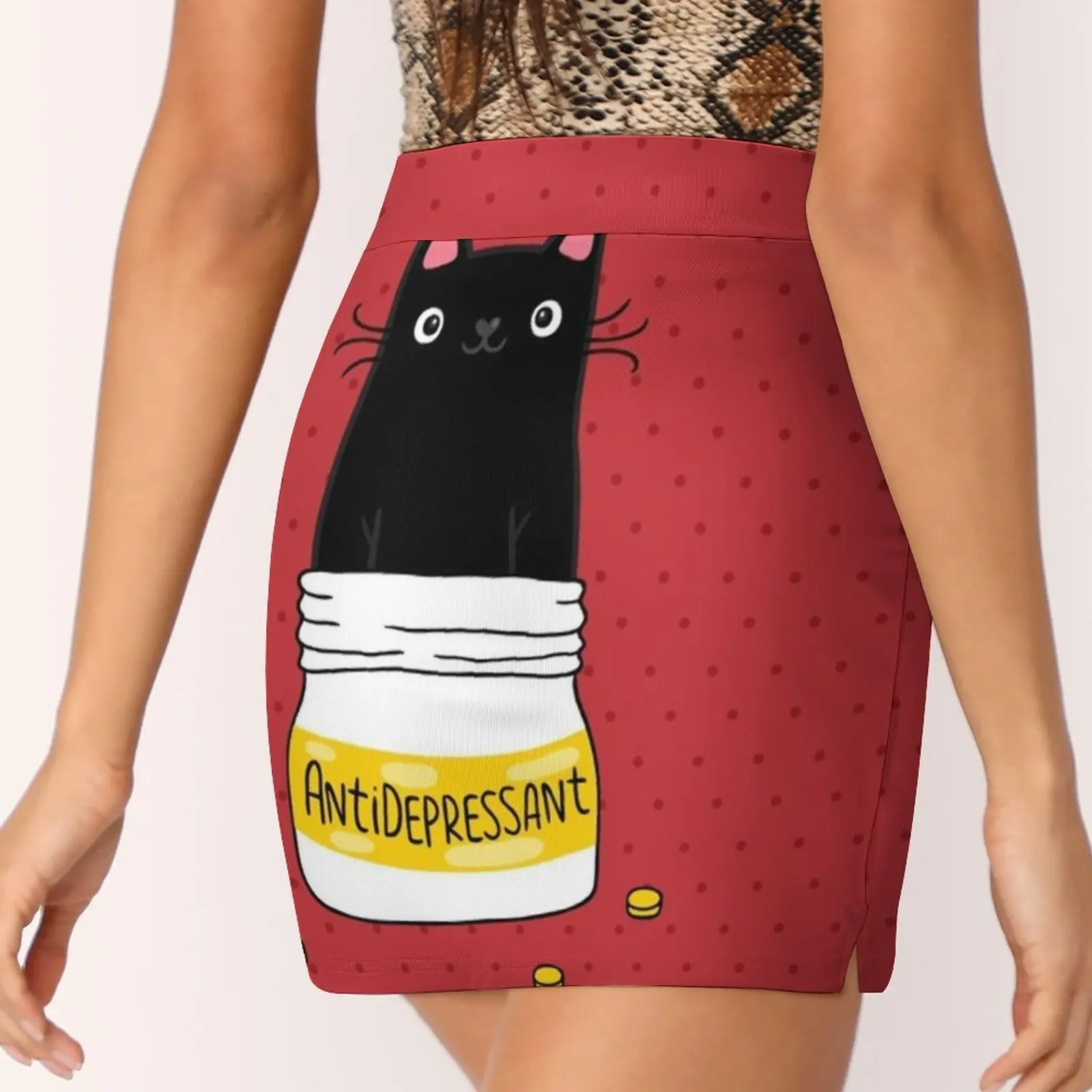 Antidépresseur de fourrure. Illustration de chat noir mignon. Mini-jupes de bureau pour femmes, jupe courte, pantalon, mode, cadeau, 2022