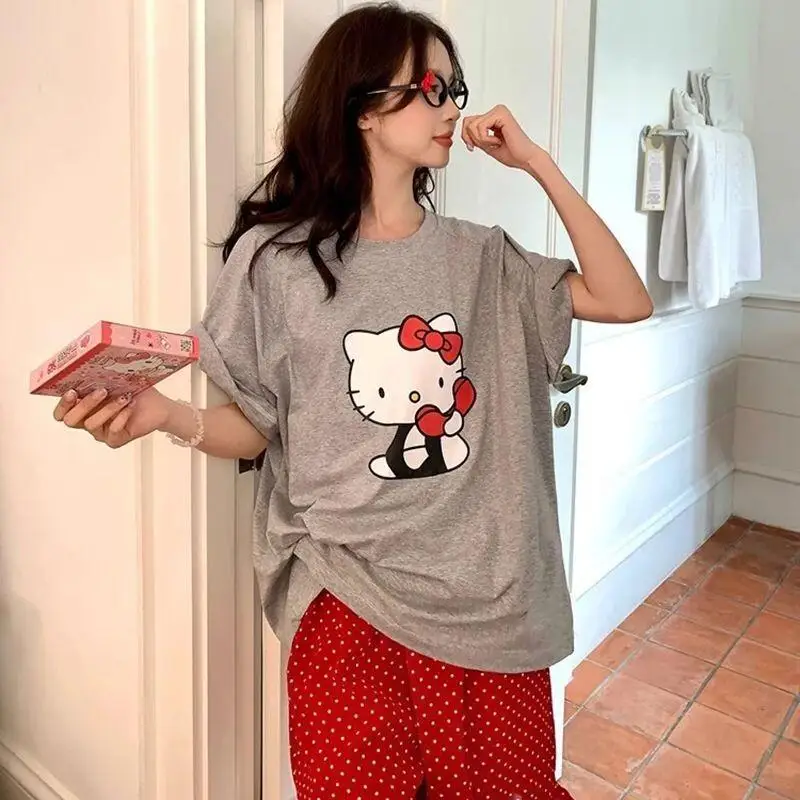 

Комплект пижам Sanrio Hello Kitty с героями мультфильмов для женщин, домашняя одежда для сна, новый летний милый комплект с круглым вырезом, серый комплект для сна с короткими рукавами и шортами