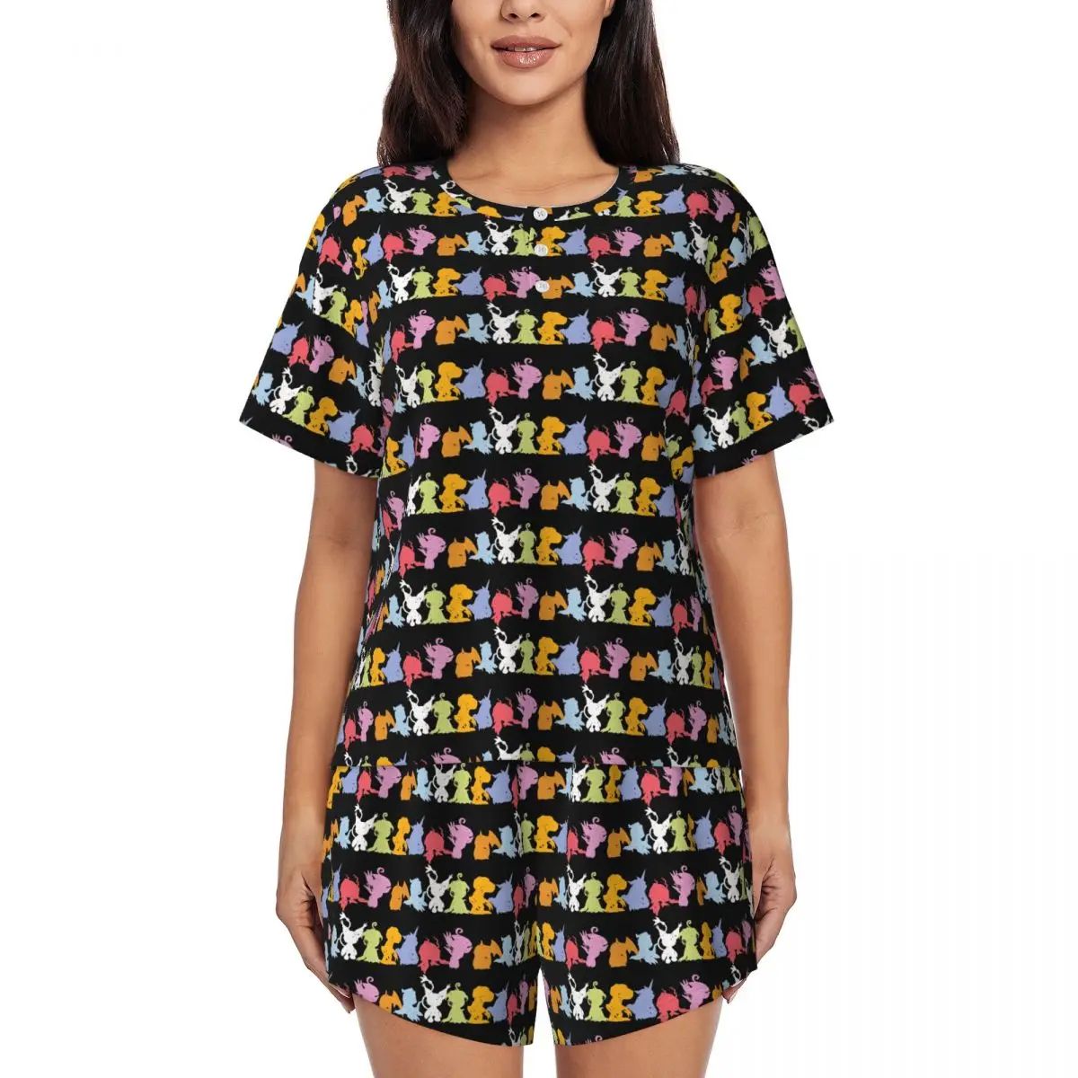 

Rookies Lineup Digimon Agumon Matt Gabumon Sora Round Neck Short Sleeve Nightgowns for Sleeping Women Pajama Set Short Pants