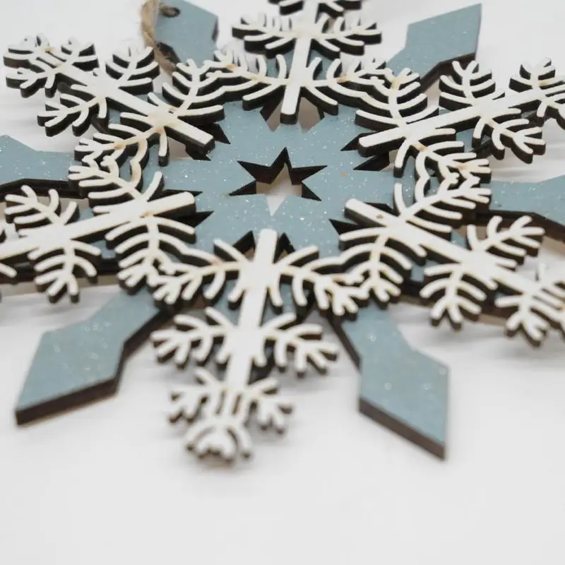 Christmas Tree Snowflake Hanging Ornaments Blue Wooden Snowflakes Shaped Embellishments Hollowed Cutout New Year Decor