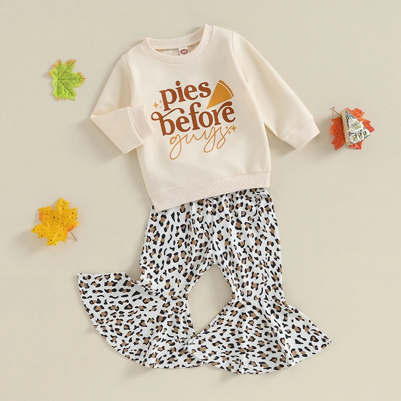 Adorable Baby Girls Thanksgiving Outfit Set with Letter Print Sweatshirt and Flare Pants - Stylish 2 Piece Clothing for Toddlers