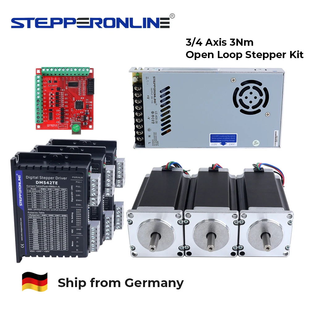 STEPPERONLINE 3Nm Nema 23 57 Open-Loop Schrittmotor-Kit & Treiber DM542TE & Netzteil & 4-Achsen-Breakout-Board für CNC-Fräsmaschinen