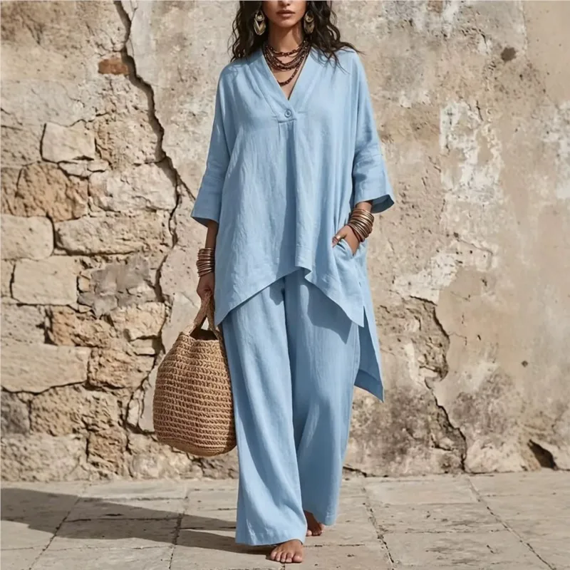 Spring Autumn Loose Two Piece Set Women Fashion V Neck Button 3/4 Sleeve Irregular Top + High Waist Wide Leg Pants Casual Suit
