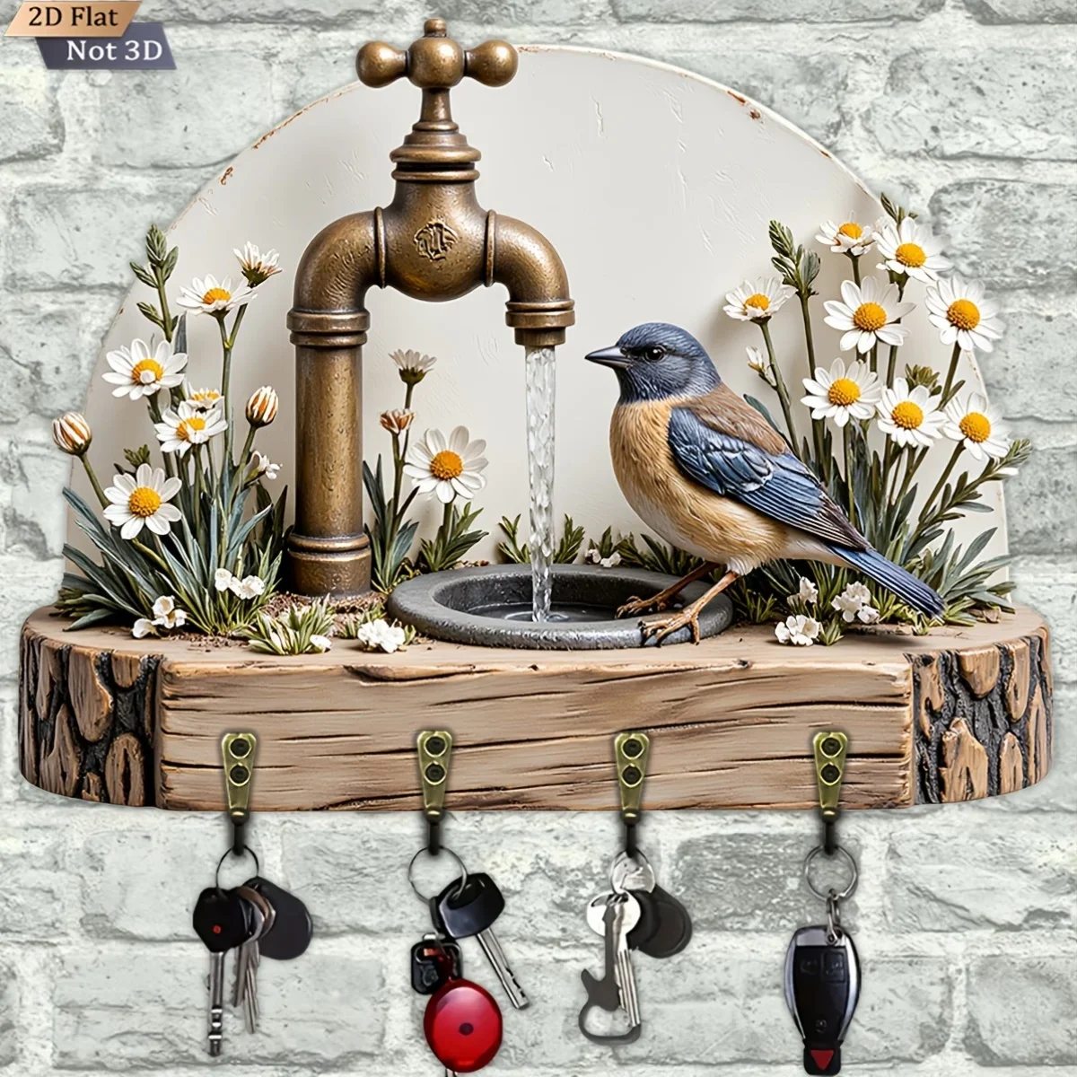 2D Flat, 1pc, Retro Faucet Bird Daisy Key Hook Wooden Multifunctional Home Key Rack with Four Metal Hooks, Wall Decoration,