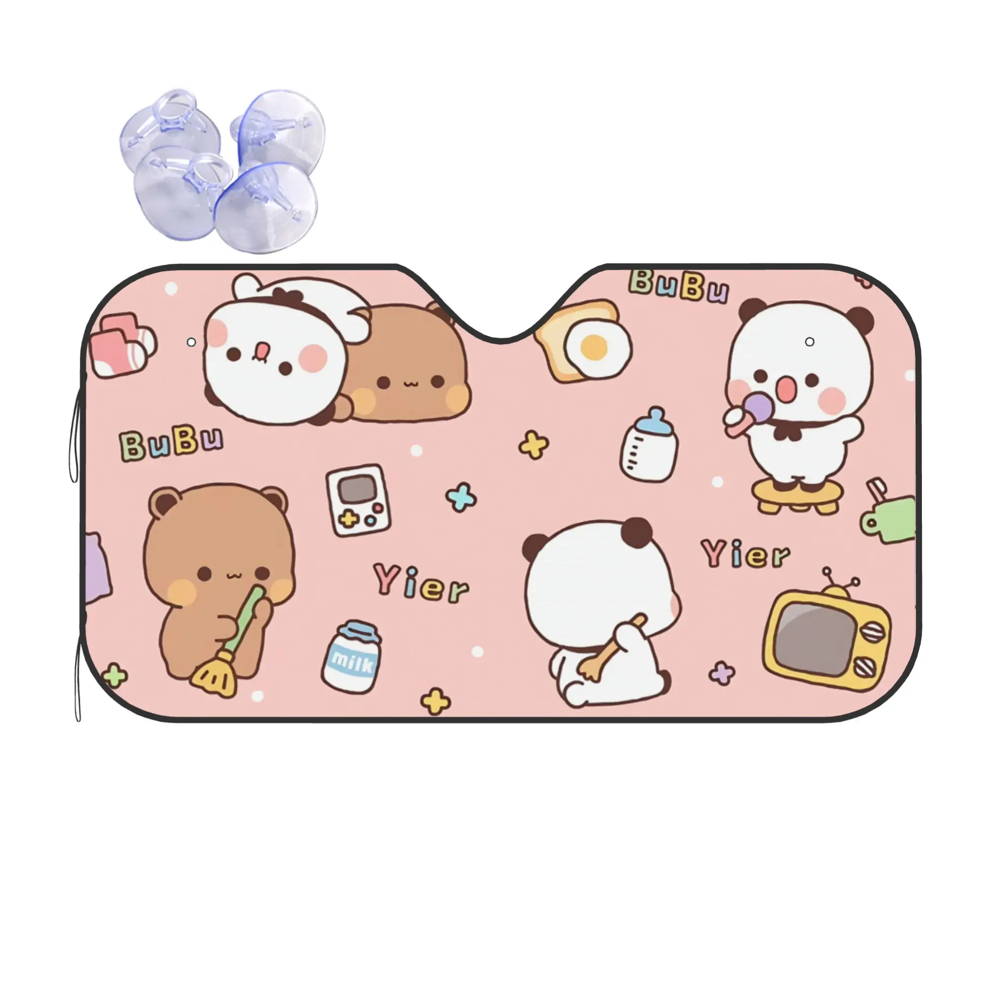 Bubu Dudu Panda And Brownie Bear Couple Car Front Windshield Sun Visor Heat Insulation Portable Aluminum Foil Auto Visor