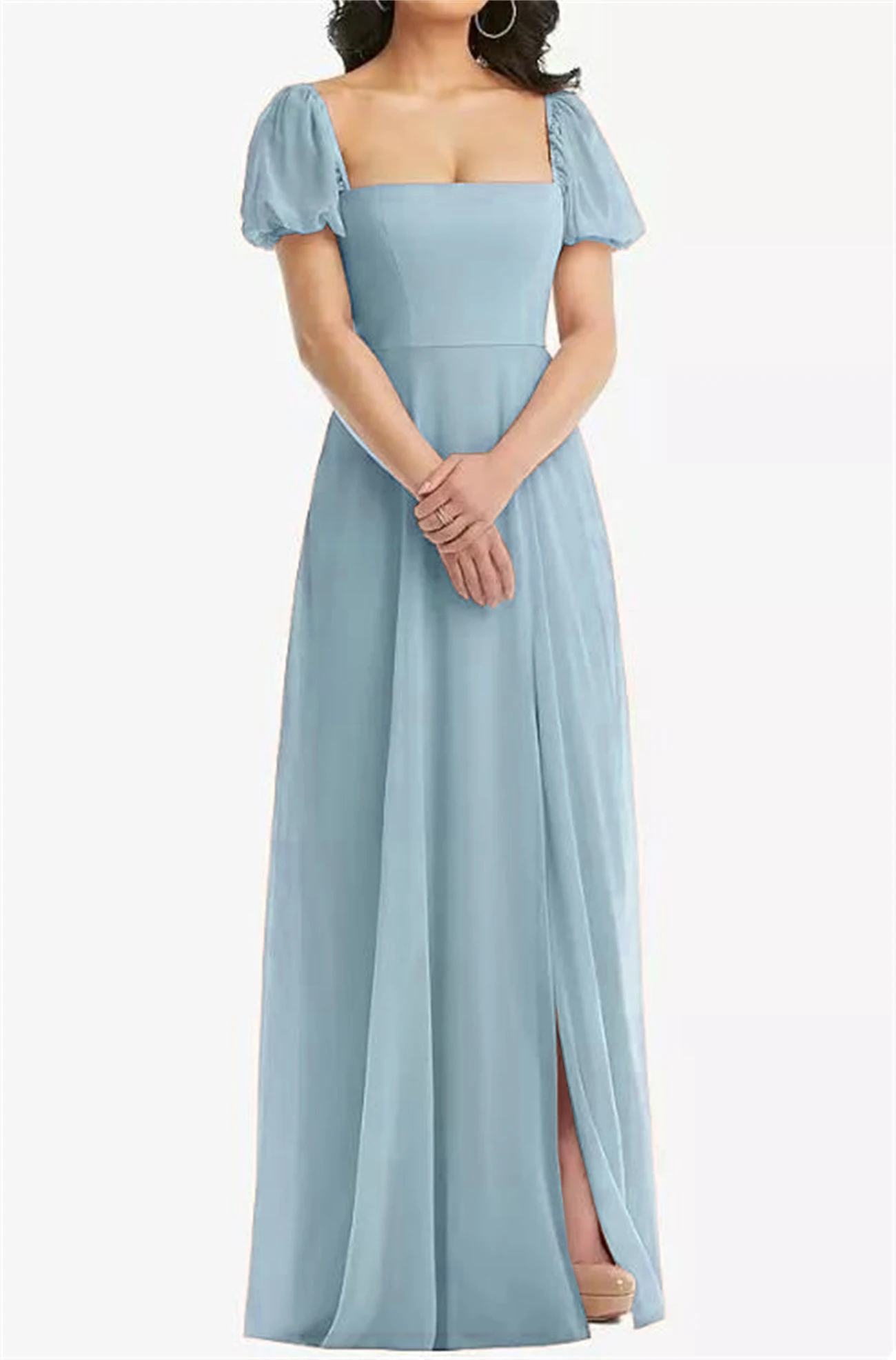 A-Line Simple Bridesmaid Dress Short Sleeves Square Neck Beach Wedding Guest Chiffon Split Floor Length Prom Gown Light Blue New