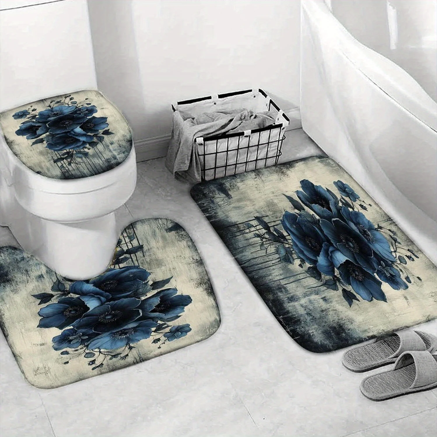 4点セットの青い花柄シャワーカーテン、フック付き、浴槽、トイ - Home Bathroom Tub のレビューと価格