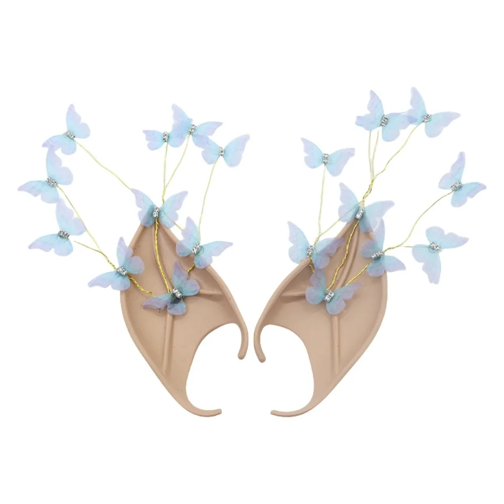 Cosplay Halloween Elf Ears Forest Butterfly with Earring Dangle Halloween False Ears Fake Piercing Earrings Pearl Alloy