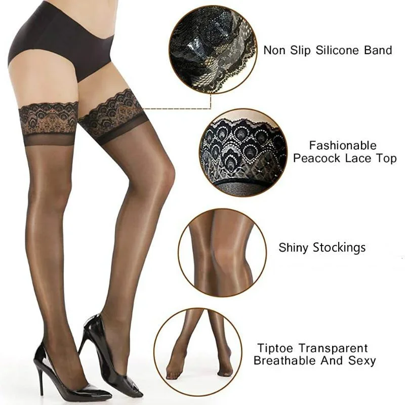 

Non Slip Silicone Stocking Women's Fashionable Peacock Lace Top Shiny Stockings Tiptoe Transparent Breathable and Sexy Hosiery