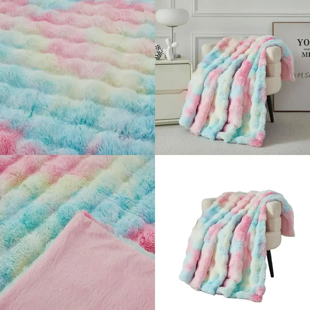 

Уютное плюшевое одеяло из искусственного меха радуги, 63x79, идеально подходит для дивана, спальни, гостиной