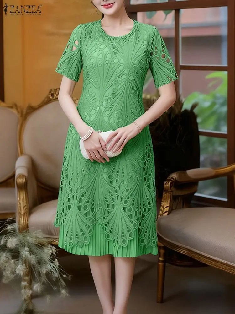 Stilvolle Frauen Kleider ZANZEA 2025, Sommer Spitze Patchwork Kleid Elegante Party Arbeit Sommerkleid Kurzarm Plissee Vestidos Midi Robe