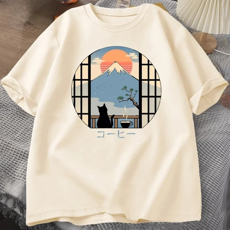 Camiseta Coffee Cat in Mt Fuji para hombre y mujer, camiseta de manga corta con cuello redondo, camisetas estampadas de estilo japonés