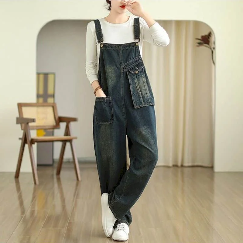 Denim Overalls Lose Beiläufige Gerade Hosen Koreanischen Stil Jeans Vintage Künstlerische Strampler Einem Stück Outfits Herbst Frauen Kleidung