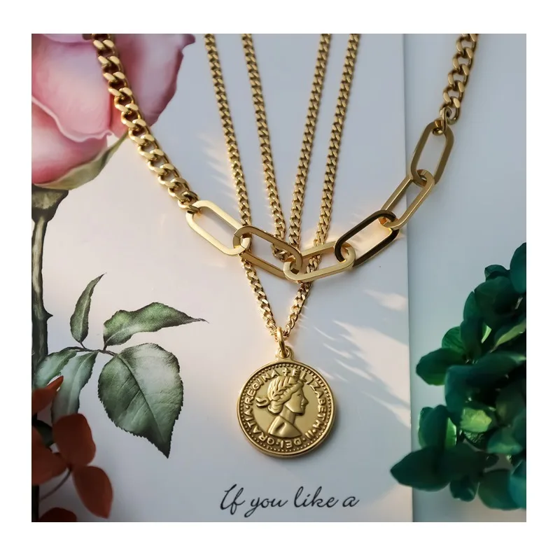 

French Retro Three-layer Double-sided Portrait Pendant Collarbone Chain Women's High-end Light Luxury Titanium Steel Necklace