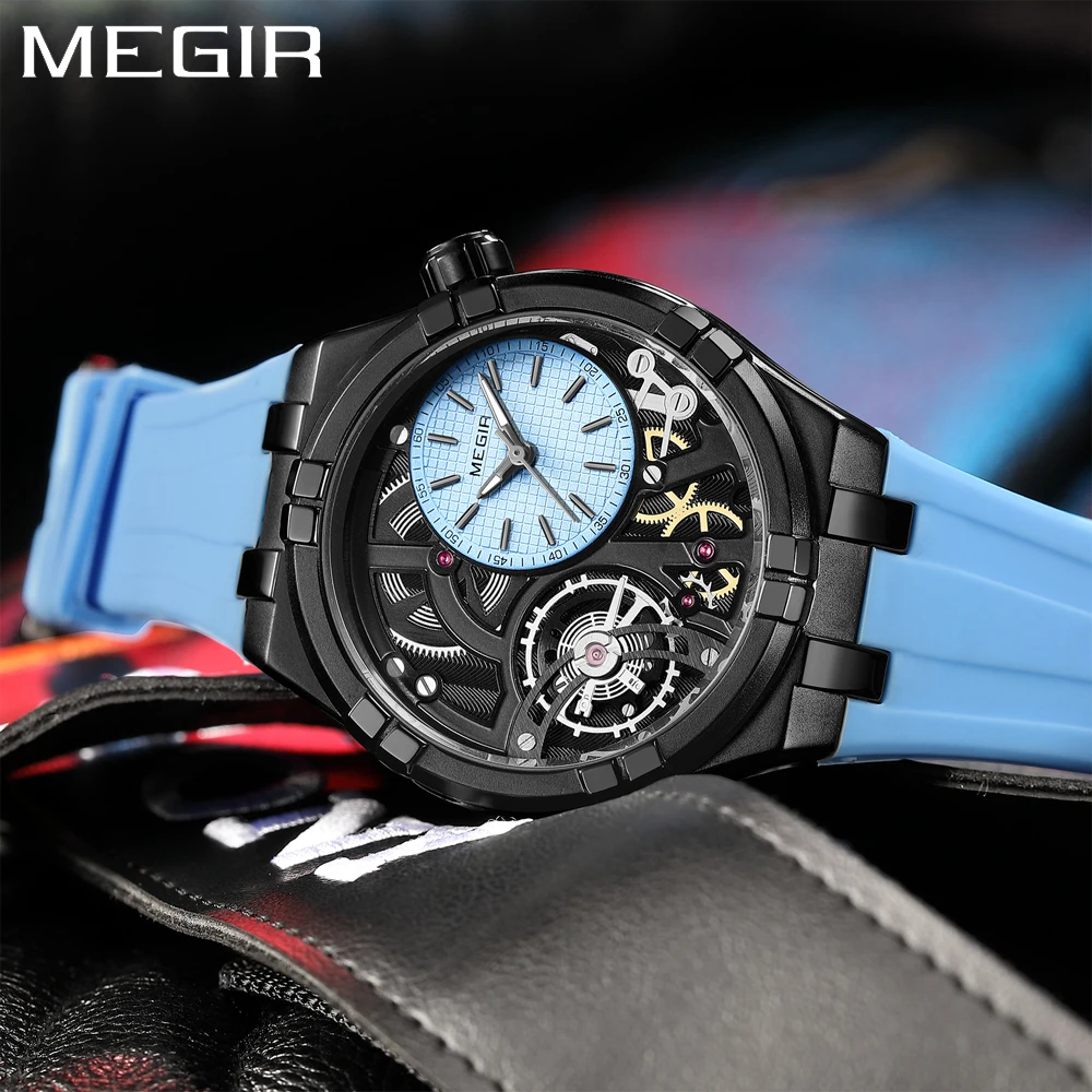 MEGIR Luxury Analog Quartz Watch for Male Stereoscopic 3D Dial Silicone Strap Alloy Case Wateproof Luminous Men's Wristwatch