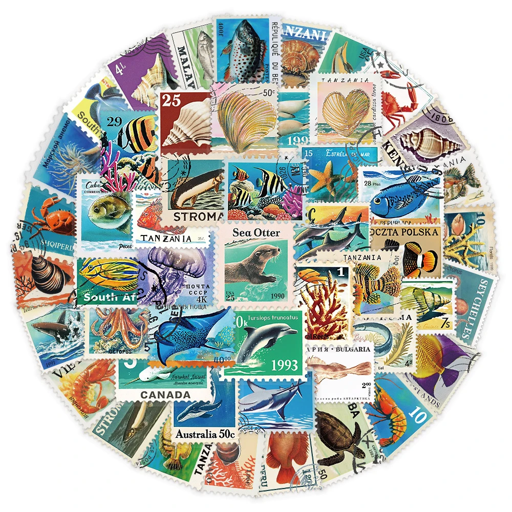 10/30/50pcs Creative Retro Marine Animal Stamps Stickers Transparent PET Decals DIY Notebook Phone Guitar Cartoon Vintage Decals
