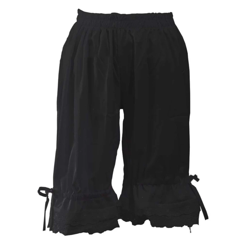 빈티지 단색 랜턴 팬츠, 러플 레이스 밑단 활 반바지, 신축성 허리 넓은 다리 바지, 신축성 버블 팬츠