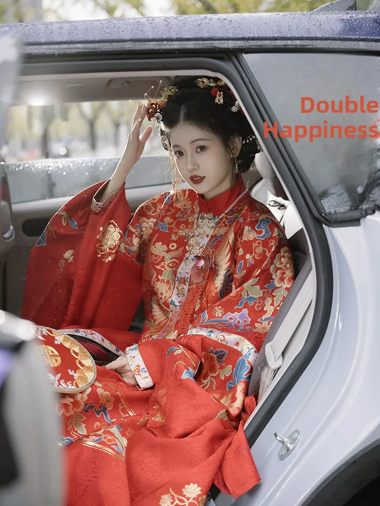 Original Hanfu Costume Ming Dynas eup Flower Pattern Long Coat  Tail Skirt Engagement Ceremony Drinking Wine out of...