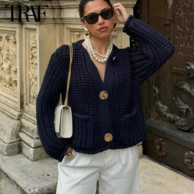 

New Blue Cropped Cardigan Women Knitted Short Sweaters for Women Long Sleeve Button Cardigans Women Autumn Jersey Knitwears