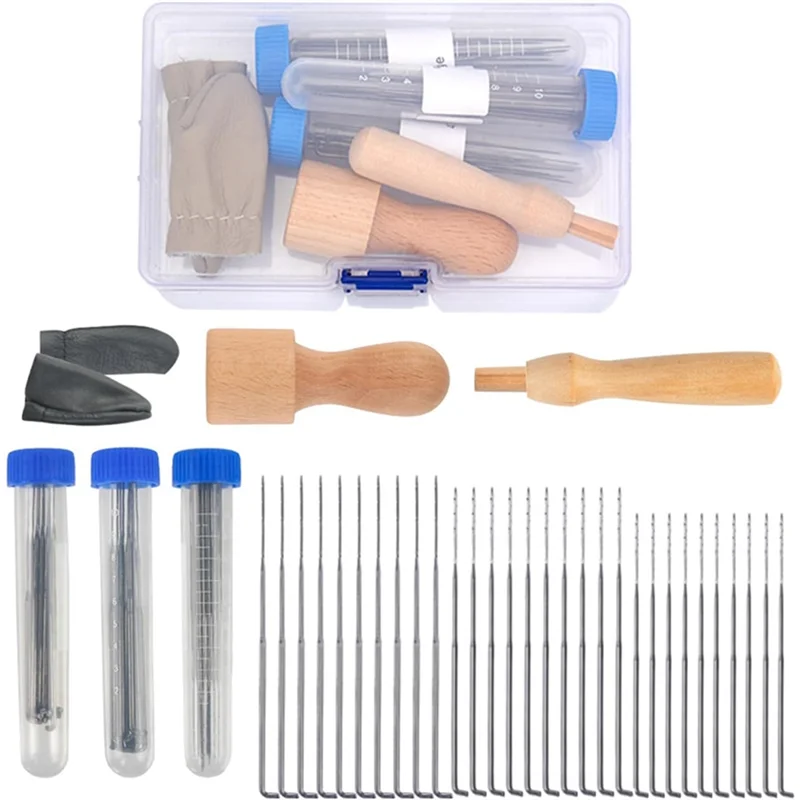 Kit de feutrage d'aiguilles avec manche en bois et doigtiers, comprend 30 aiguilles en 3 tailles, fournitures de feutrage pour l'artisanat de laine, bricolage