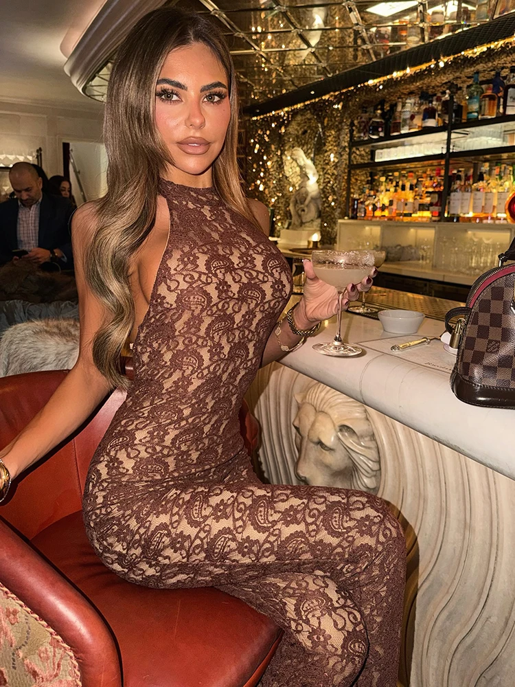 

XIAOTANG Lace Backless Sexy Jumpsuit Women Rompers Halter Off-shoulder Sleeveless Skinny Club Party Jumpsuits Female Clothes