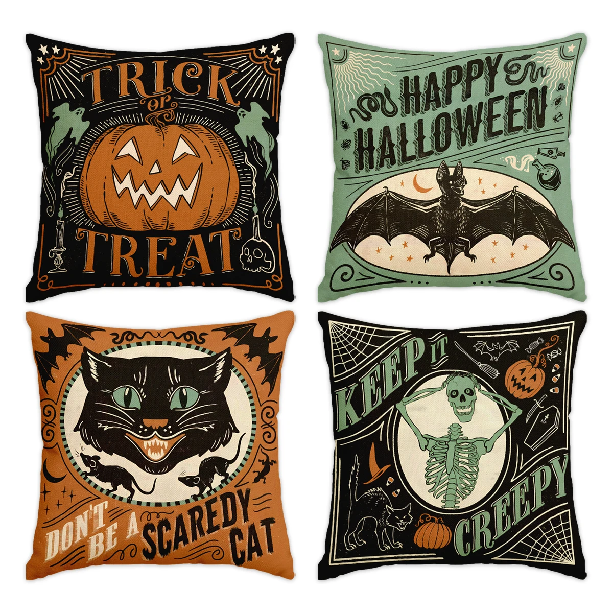 1pc/4pcs Retro Halloween decoration cushion cover, scary cat, pumpkin head, skull trick or treat sofa decoration cushion cover