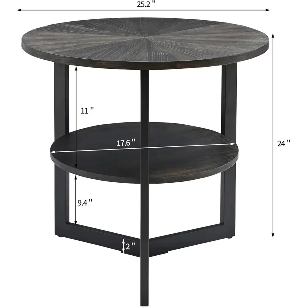 Large Round End Table with Storage Shelf, Rustic Circular Sofa Side Black Metal Legs, Solid Wood Nightstand, Telephone