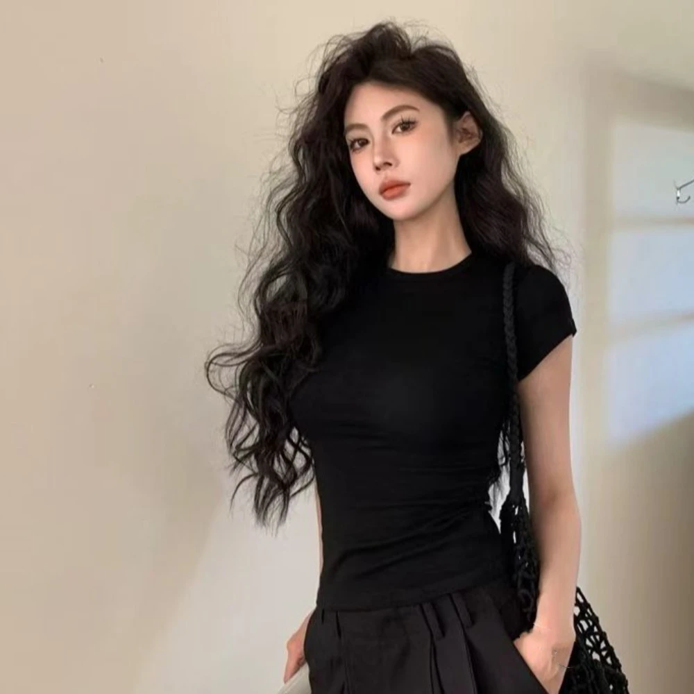 ファッションベーシック半袖Tシャツ無地Y2KスリムTシャツ女性用アンダーシャツラウンドネックシンプルクロップトップス夏