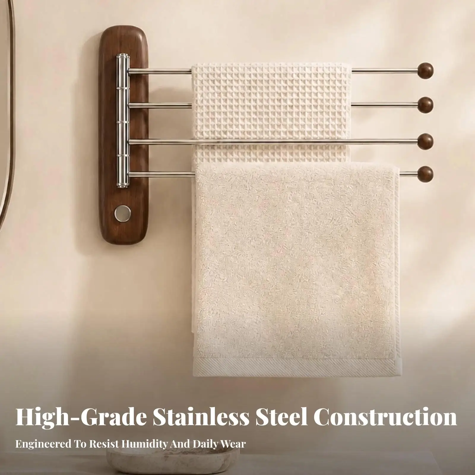 Wall Hanging Towel Holder Solid Wood Stainless Steel Rotating Rack for Bathroom Vanity No Drilling Needed