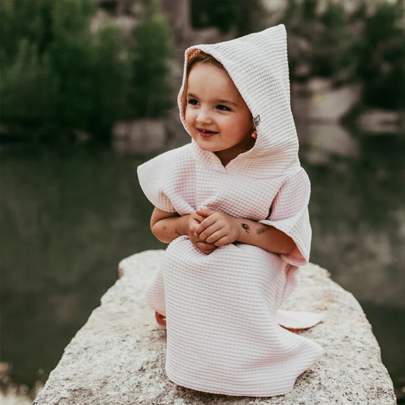 Fashion Solid Color Simple Loose Baby Bathrobe Soft And Quick Dry Hooded Baby Towel Comfortable Waffle Cotton Kids Beach Towel