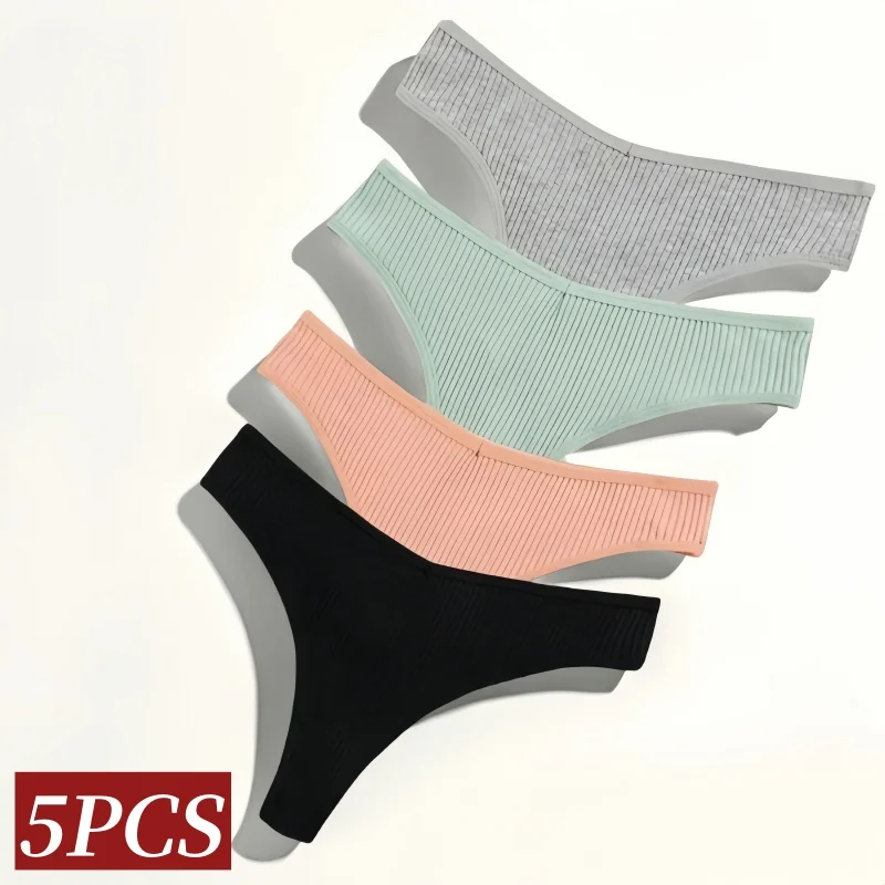 

5Pcs/Set Women Panties V Shape Waist Thongs Sexy G-string Female Underpants Solid Color Comfortable Girls Cotton Lingerie M-XXL