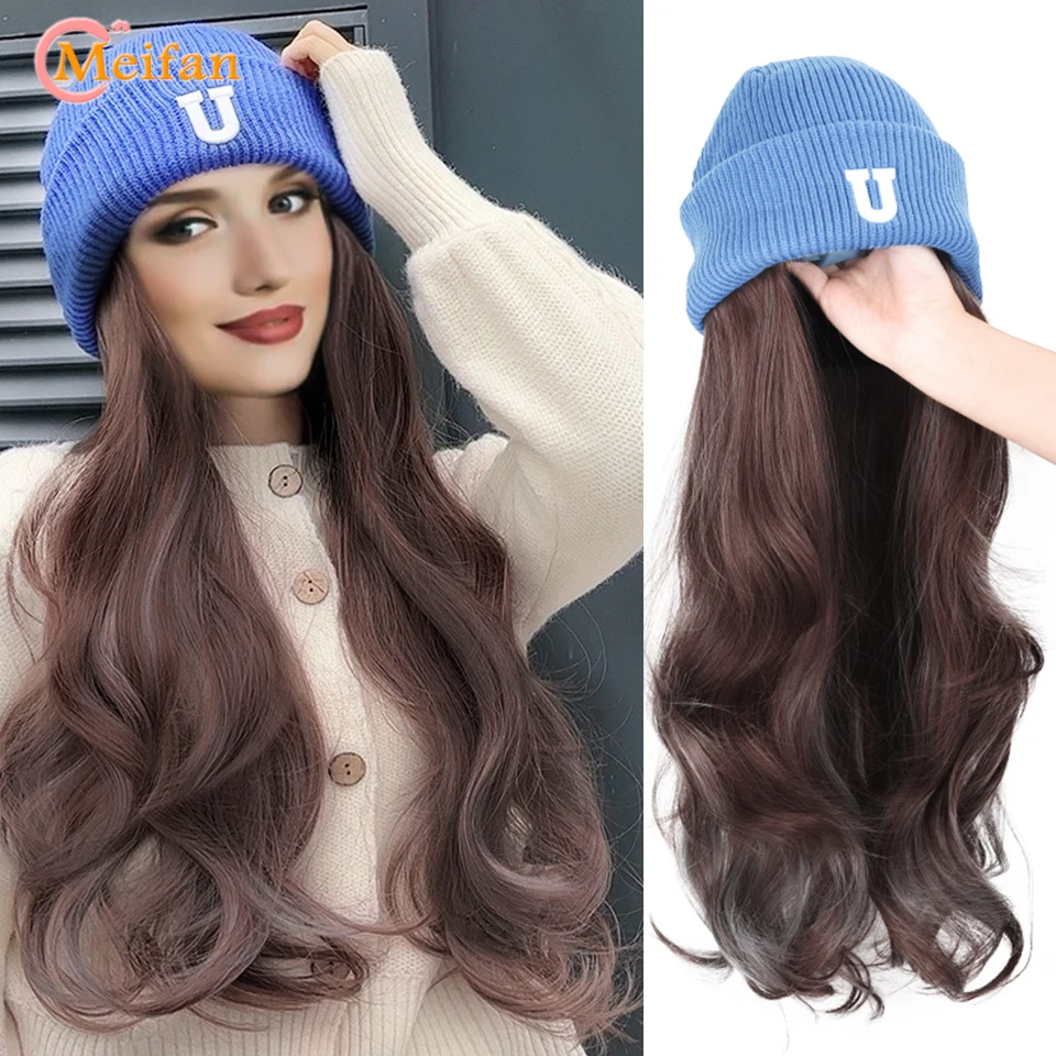 MEIFAN Blue Hat Wig for Women Knit Warm Wavy Curly Long Hairpieces Synthetic Natural Brown Fake Hair with Hat Integrated Wig