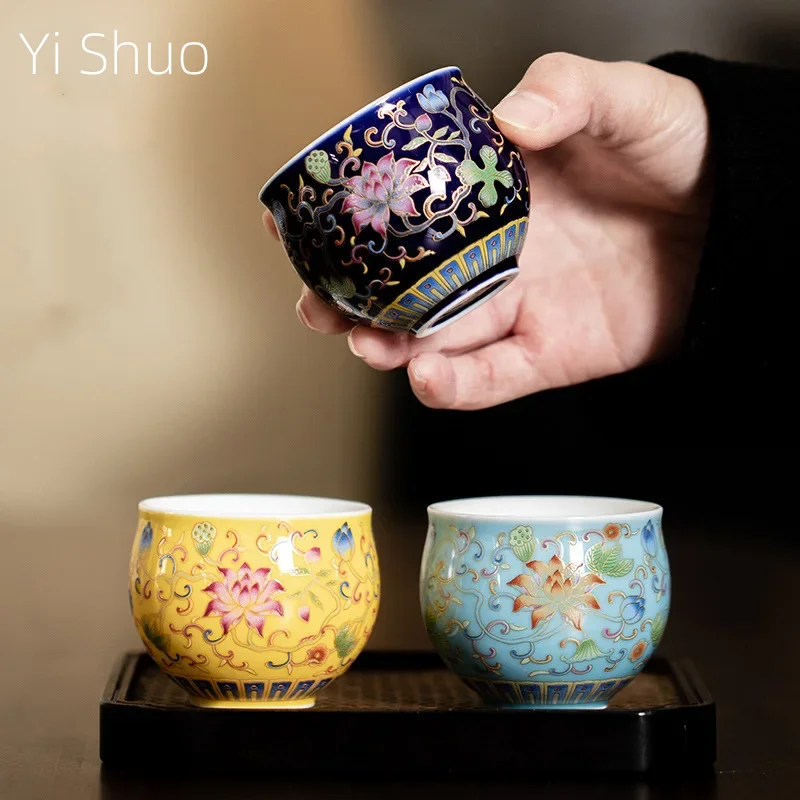 Enamel Color Interlock Branch Lotus Ceramic Cylinder Teacup Drinking Cup Chinese Retro Personal Cup Kung Fu Tea Set Master Cup