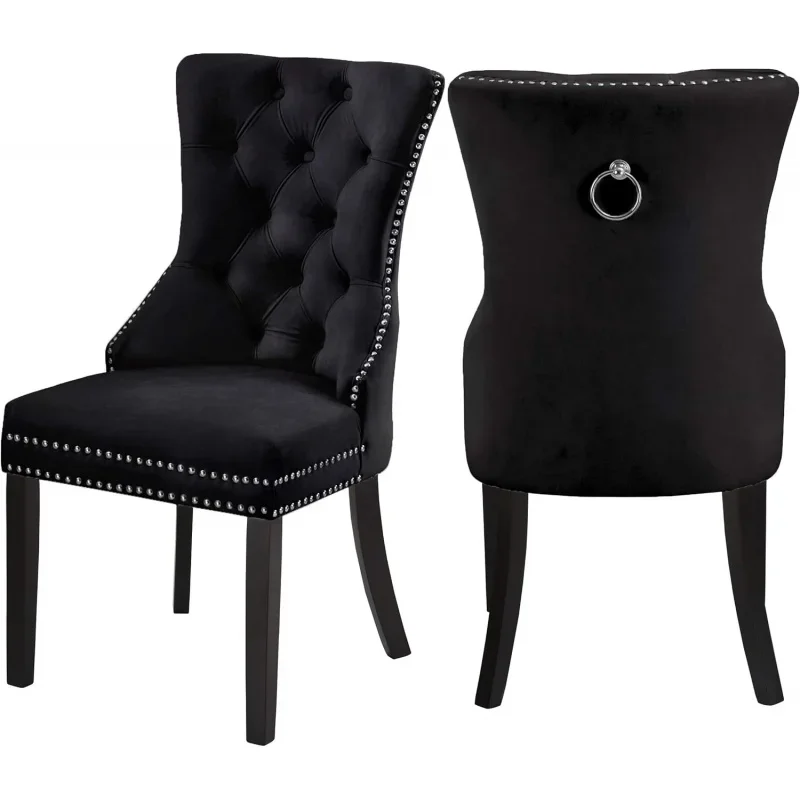 Contemporary Velvet Dining Chair with Wood Legs, Button Tufting, and Chrome Nailhead Trim Set of 2, 23