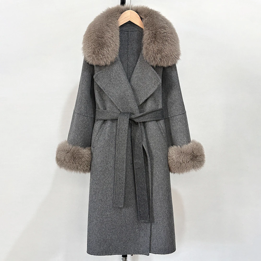 OFYBUY Modischer Warmer Wollmantel mit Echtfuchspelzkragen, Neue Herbst-Winter-Langkleidung für Damen, Eleganter Wollmantel mit Gürtel für Frauen – Detail 23