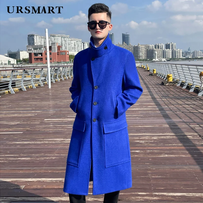 

Men's Long Wool Coat - Double Breasted Thickened Liner Neck Protection Blue Fashion for Autumn Winter