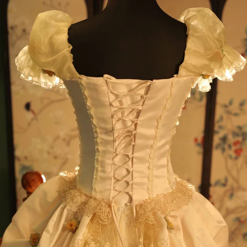 AnXin SH prinses champagne kant lieverd kralen roze roos bladerdeeg korte mouw ruches vetersluiting feest op maat gemaakte trouwjurk