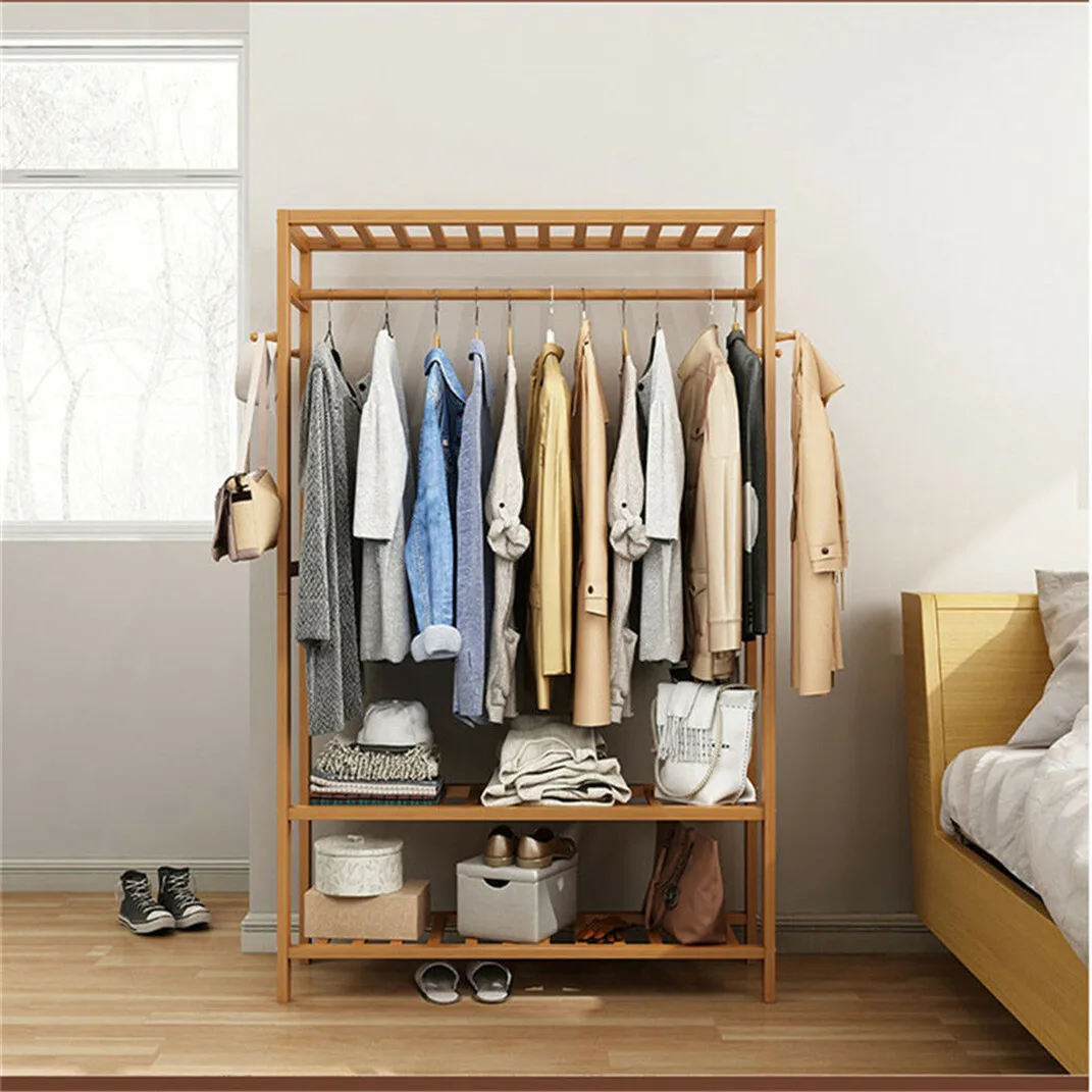 

3 Tier Clothes Rack Heavy Duty Wood Garment Shelves Rolling Wheels Side Hooks US