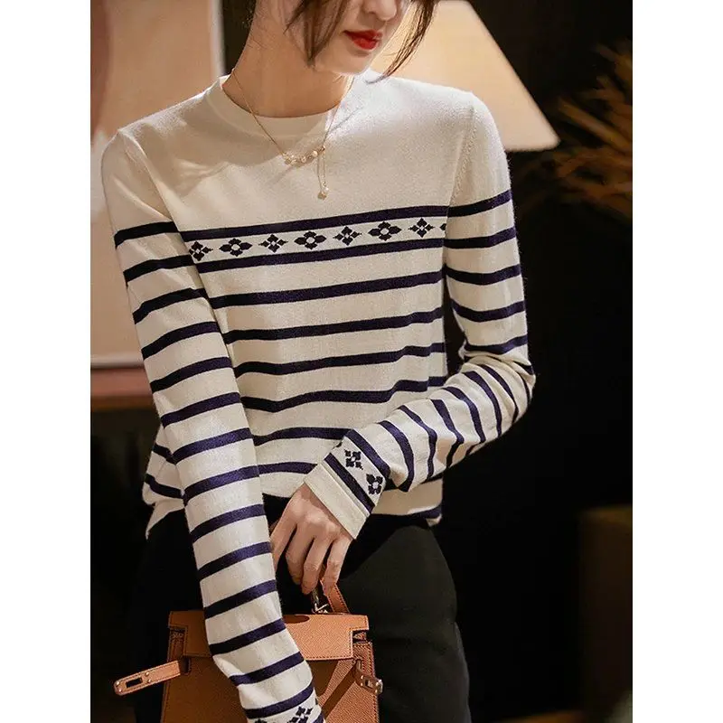 Women\'s Clothing Korean Fashion Striped Long Sleeve All Match Knitwear Spring Autumn Casual O Neck Loose Basic Tops Chic Jumpers