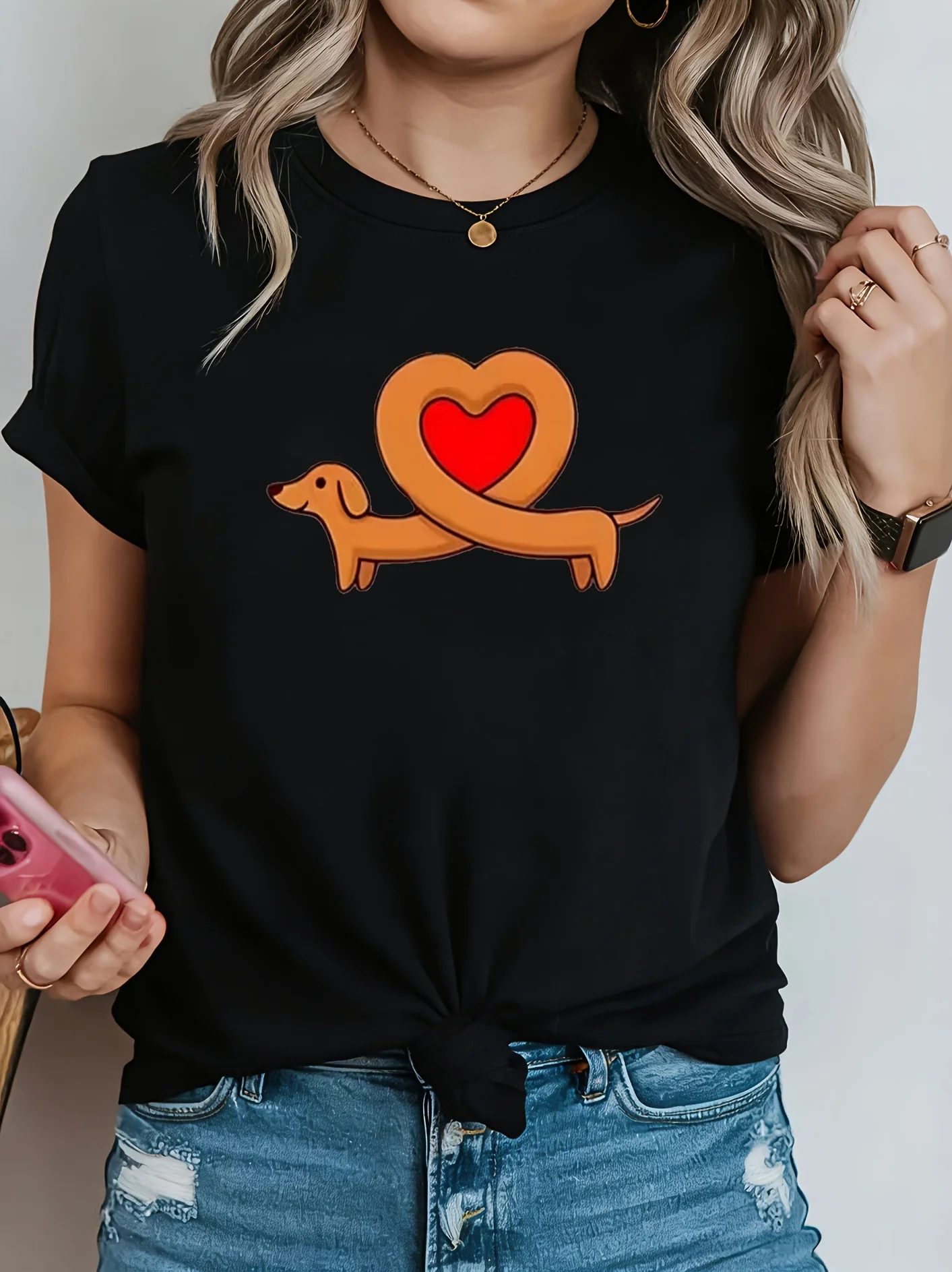 Women Casual Short Sleeve Round Neck T Shirt Cute Dachshund Heart Outline Red Heart Print Outing Date Daily Wear Valentine Gift
