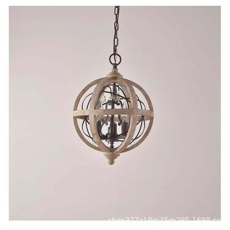 

American Country Wooden Ball Chandelier for Living Room Bedroom Shop Retro Bar Restaurant
