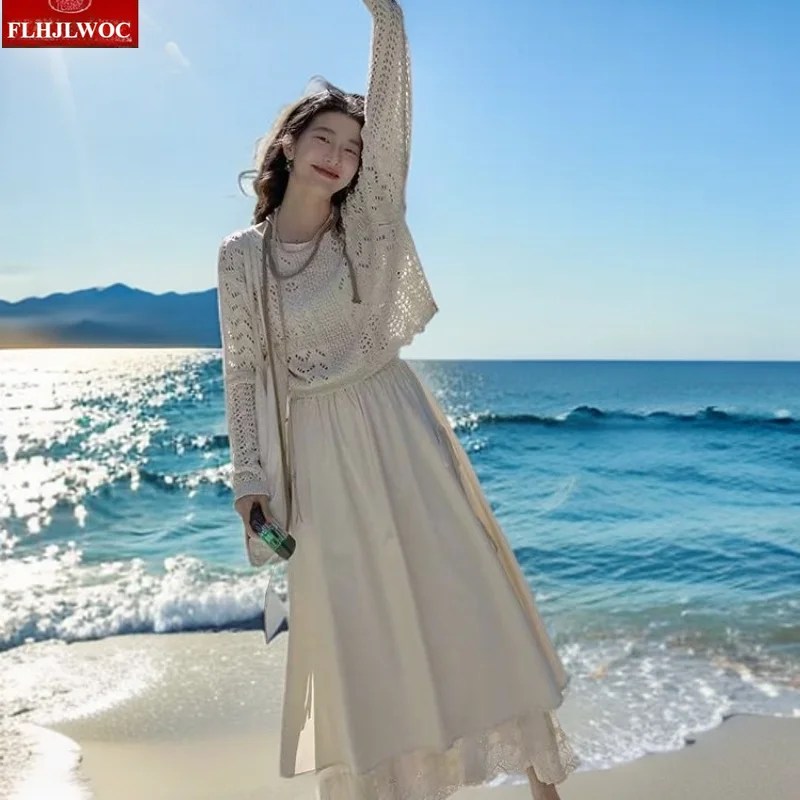 Cotton Linen Cute Skirts Bow Tie Design Chic Korea Style Japan Mori Girls Retro Lace-Up Cross Criss Long Solid White Lace Skirt
