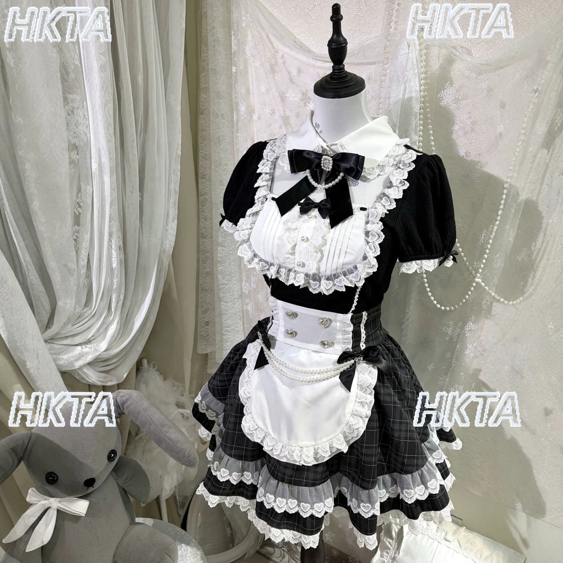 Japanese Autumn Lolita Lace Stitching Bow Pearl Slim Bubble Short Sleeve Top Waist Ruffle Edge Mini Skirt Sweet Cool Maid Outfit