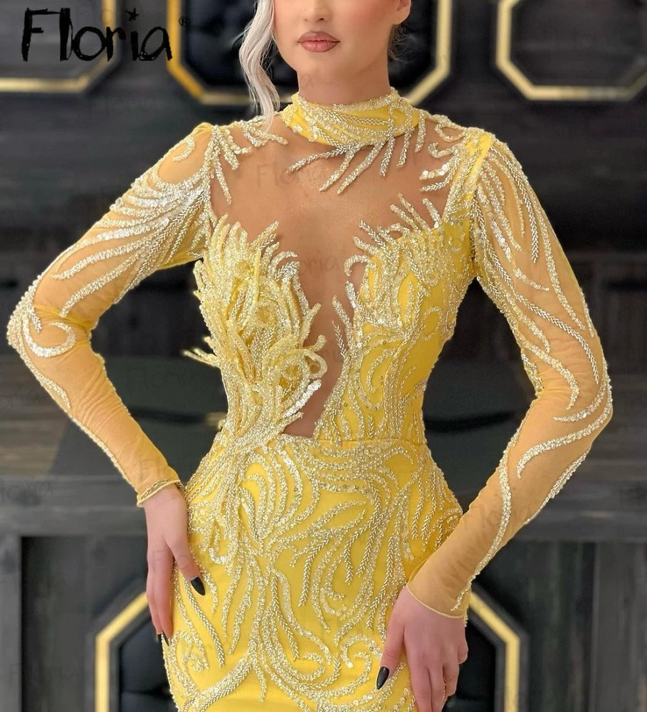 Robe de Soirée Arabe Dorée avec Perles pour Femme, Élégante, Sirène Jaune, Paillettes, Robe de Bal, Personnalisée, Longue, pour Occasions Formelles, 2024