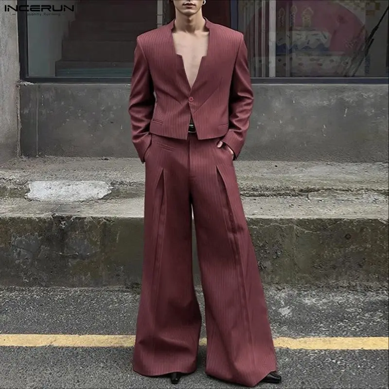 

INCERUN Мужские комплекты в полоску Элегантная уличная одежда Укороченный пиджак и брюки с v-образным вырезом и длинными рукавами Комплекты из двух предметов Модные повседневные мужские костюмы