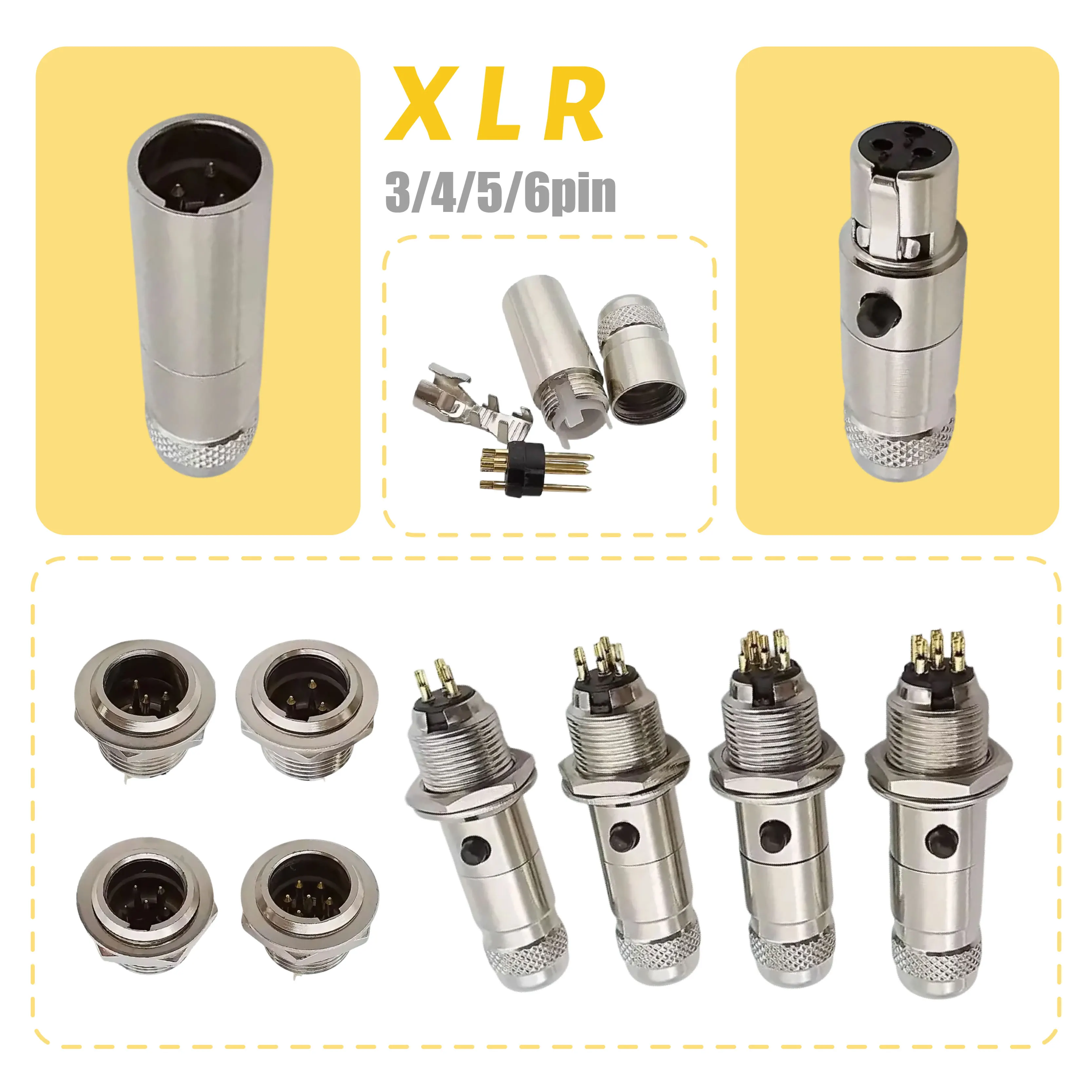 

2Pcs XLR Male Plug Chassis Panel Mount Mini Female Socket Audio Cable Solder Type Connector 3/4/5/6Pin