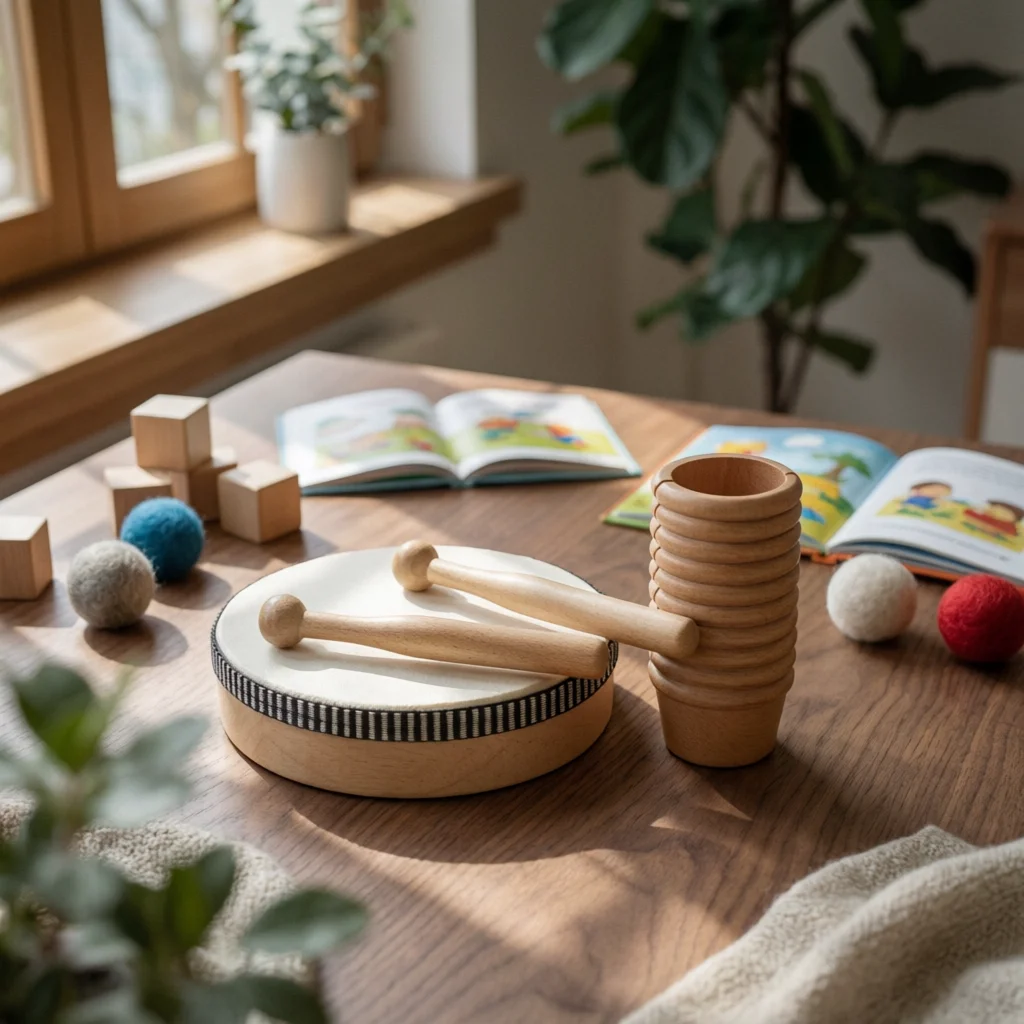 Wooden Musical Activity Stand Child-Friendly Wooden Percussion Toy Toddler Music Toy Set Natural Wood children’s Drum Stand
