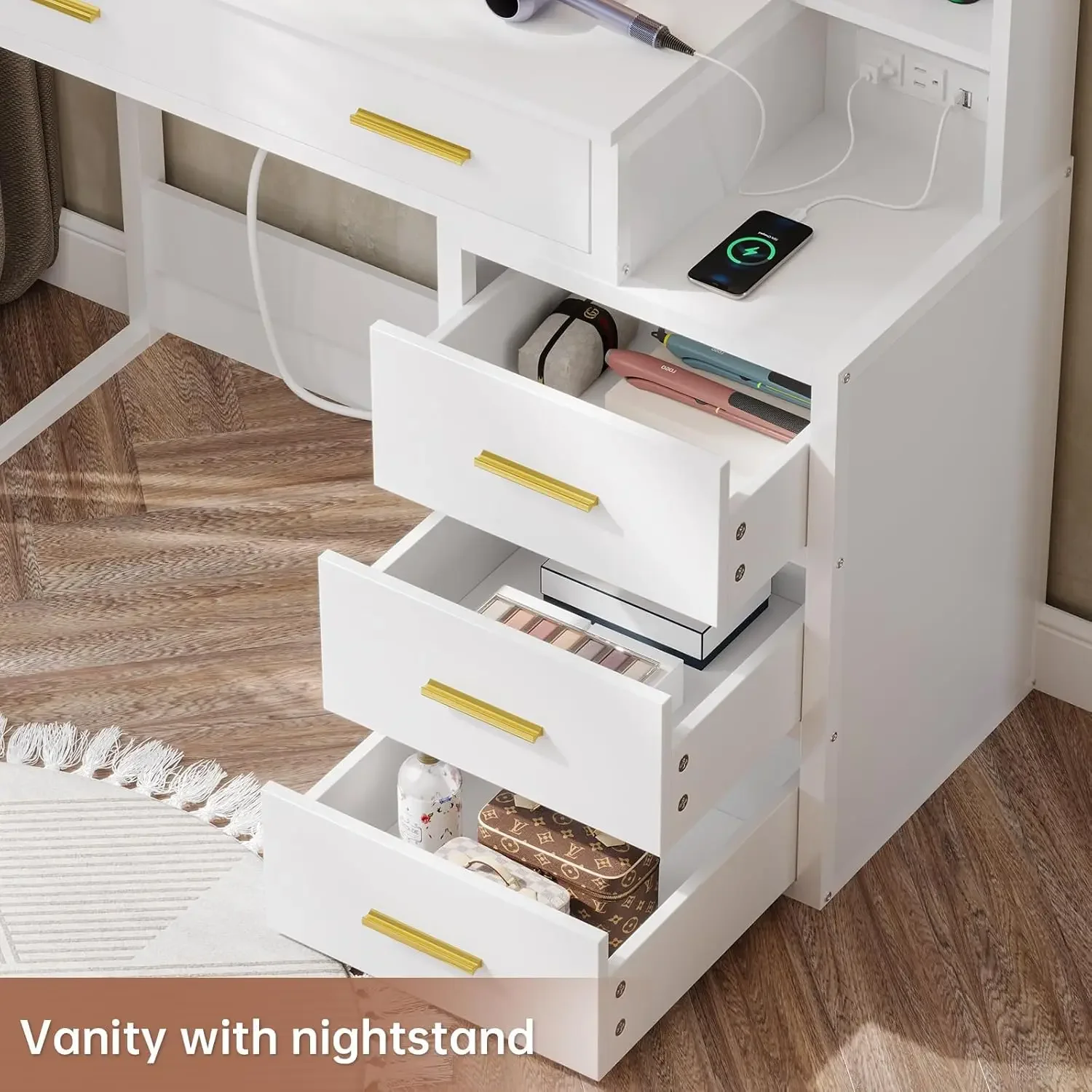Makeup Vanity with Lights, Vanity Desk with Charging Station, White Vanity Table with 10 Light Bulbs Mirror & 3 Lighting Modes image 6
