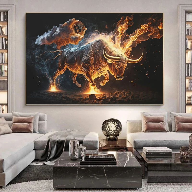 Bitcoin Bull Stretch Canvas Painting BTC Cryptocurrency Bull Market Motivation Posters Abstract Print Wall Art Office Home Decor