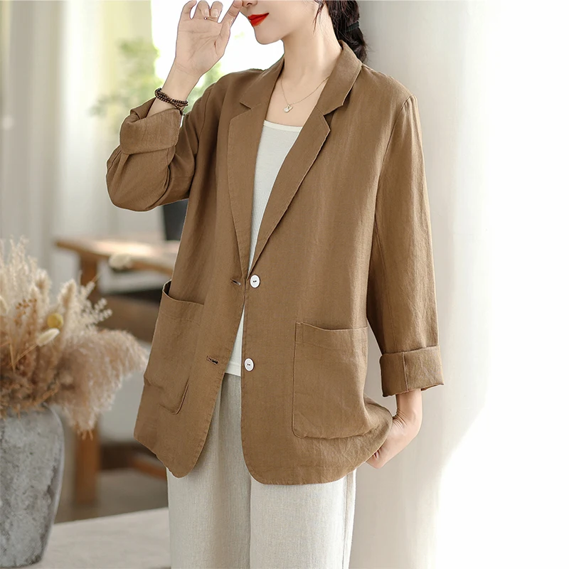 New Cotton Linen Loose Casual Style Thin Outerwear Women's Open Cardigan Pocket Detail Versatile Comfortable Leisure Coat